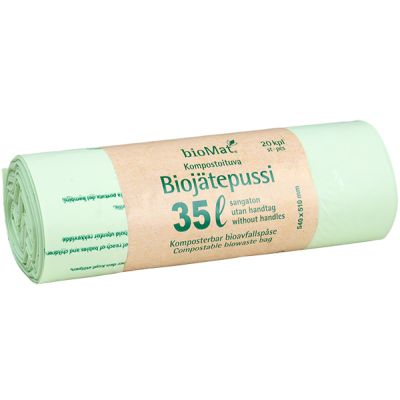 Rulla orgaanisen jätteen pusseja, joiden tilavuus on 35 litraa.